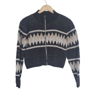 Vintage Womens Domani Geometric Knit Zip Up Cropped Sweater Size M Fall Preppy